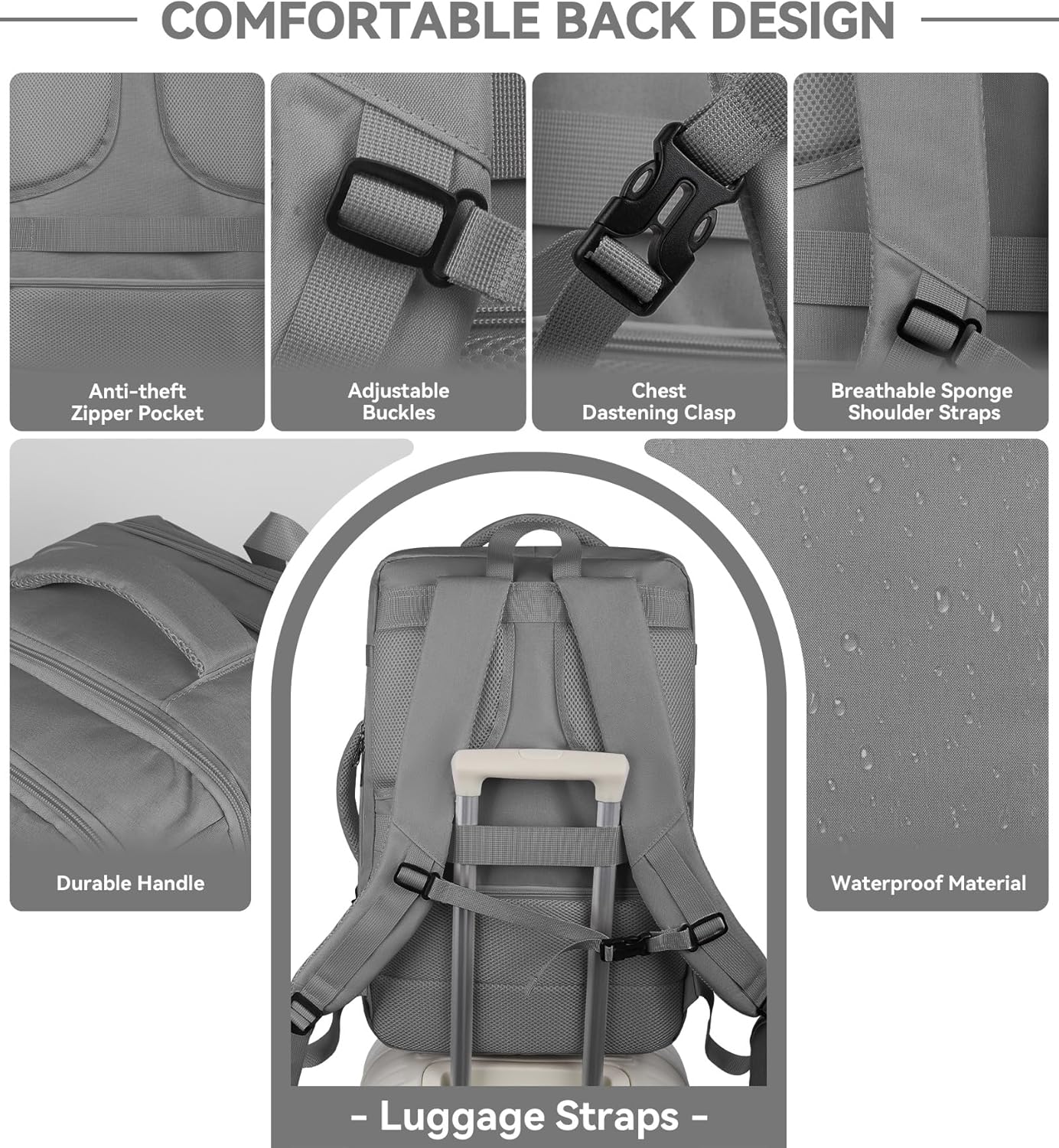 60L Travel Laptop Backpack for Men, Extra Large Backpack, Big Capacity Carry On Backpack, 18 -19 Inch Laptop Backpack with USB Charge Port Water Resistant Luggage Computer Daypack College Bag, Grey