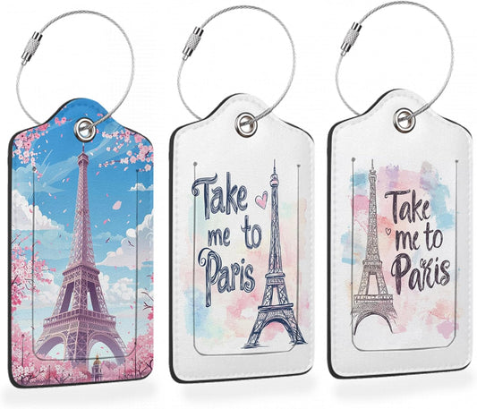 Eiffel Tower Sakura 3 Pack Luggage Tags for Suitcases, Take Me to Paris PU Leather Luggage Tag for Travel, Bag Tags with Privacy Name ID Card and Steel Loop for Women Men