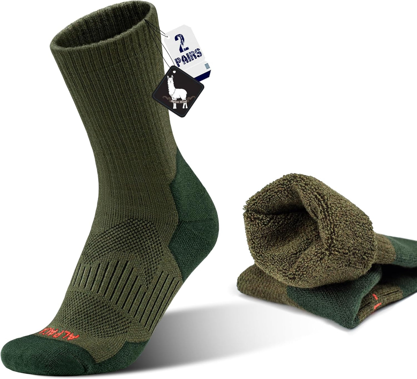 Alpaca Wool Hunting Socks 2 pairs for Men Women, Thermal Warm Compression Thick Winter Cushioned Hiking Boot Moisture Wicking
