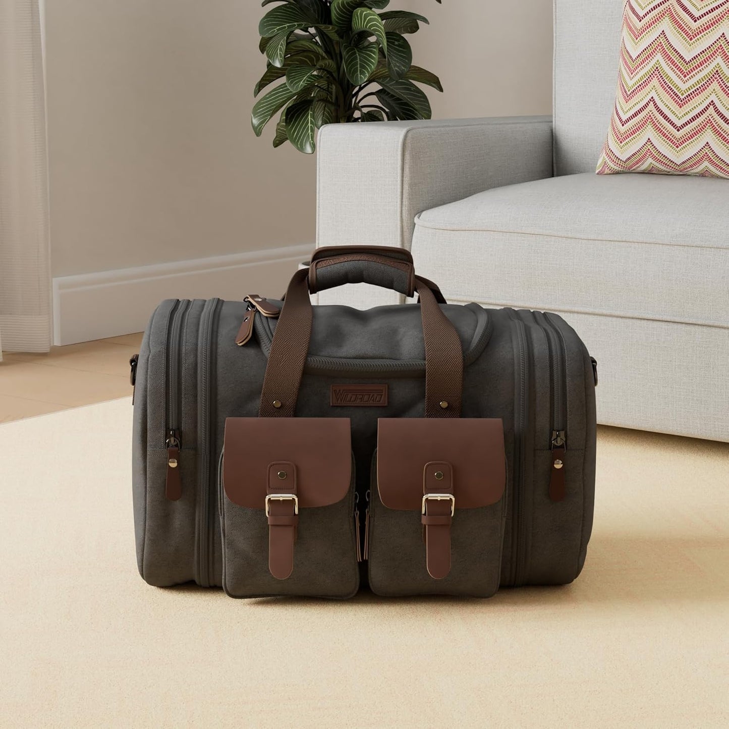Wildroad 60L Travel Duffel Bag, Expandable Canvas Genuine Leather Duffle Bag Upgraded Overnight Weekender Bag Carry on Bag