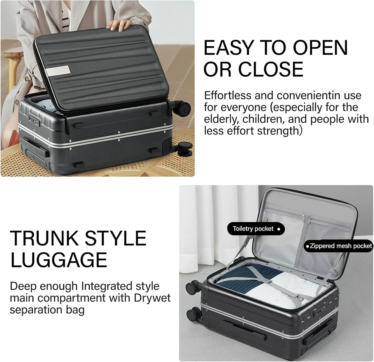 Hanke 20 Inch Carry-On Luggage PC Hard Shell Suitcases for Travel Front Opening Aluminum Frame Travel Luggage Rolling Suitcase with Wheels for Women Man Gifts.(Jet Black)