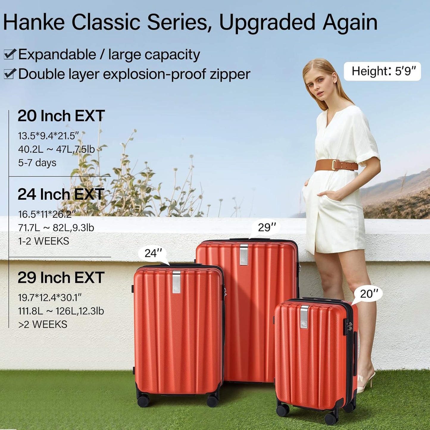 Hanke 29 Inch Expandable Checked Luggage Lightweight PC Hard Shell Luggage Suitcases with Wheels Tsa Luggage Rolling Large Suitcase Travel Luggage Bag for Study Abroad(Orange)