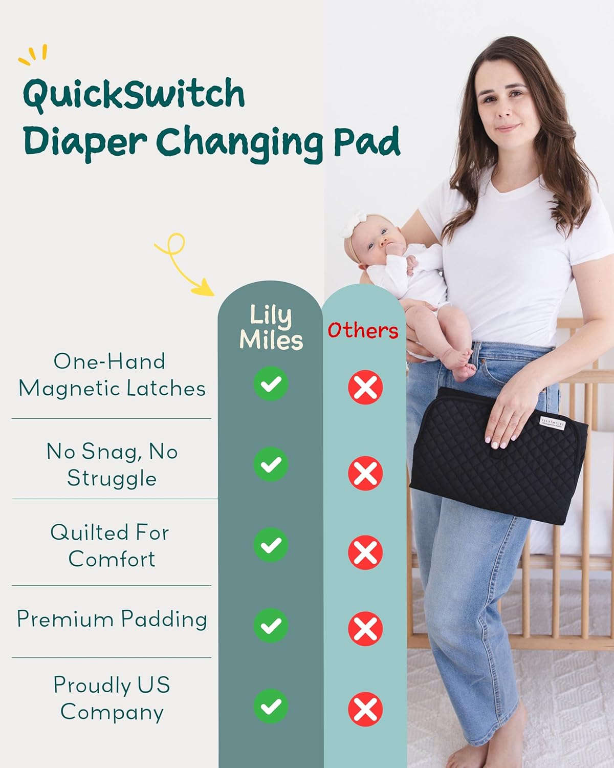 Lily Miles Baby Changing Pad Portable, Diaper Changing Mat with Magnetic Latches, Travel Pad for Diaper Bag, Baby Essentials, Wipeable & Waterproof Mat (Willow Green, Large)
