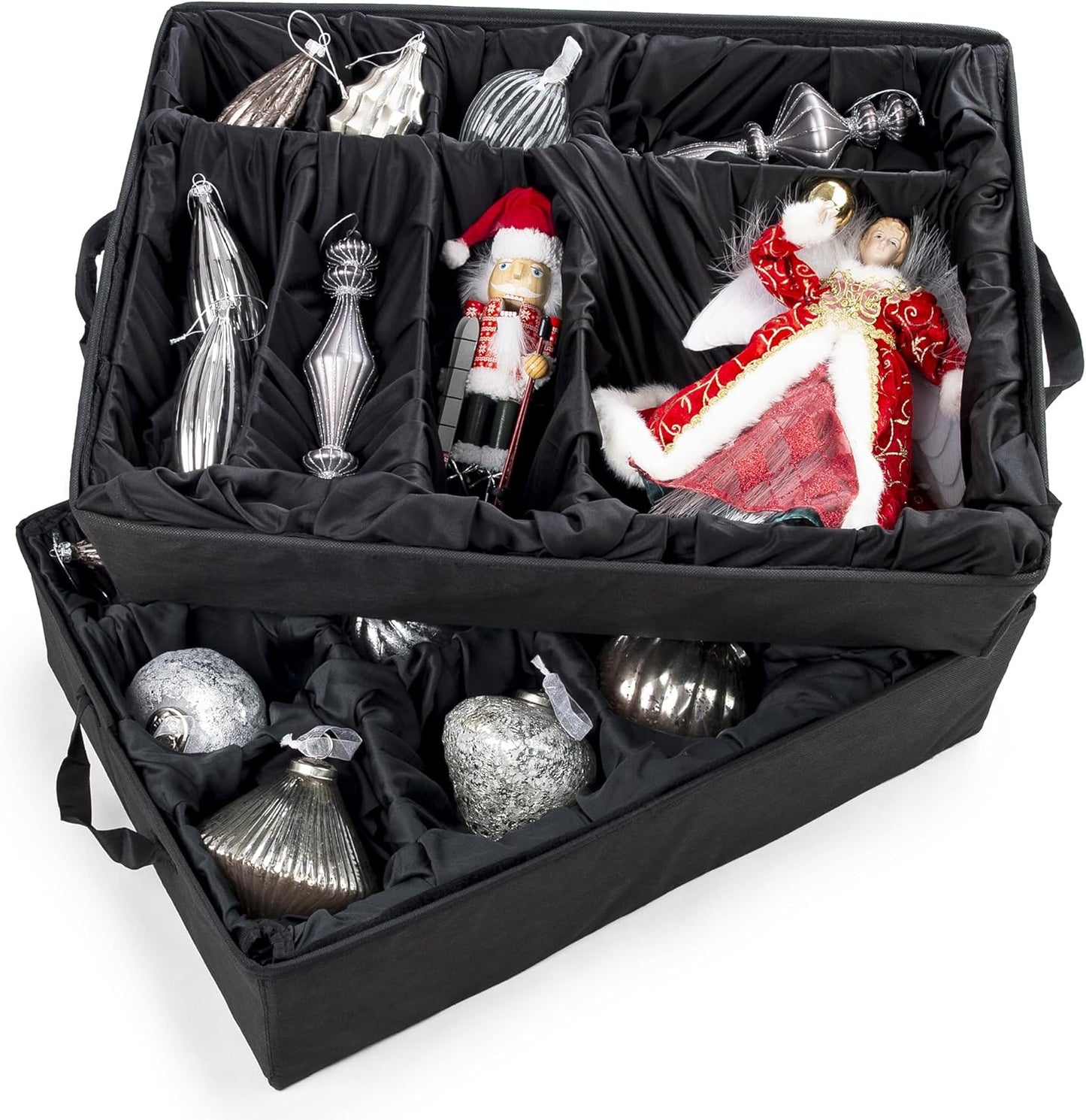 TreeKeeper Stack & Lock™ Adjustable Christmas Ornament Storage Box Holds 48 Ornaments up to 6 Inches Tall by Any Width/Length, 2 Removable Trays with Moving Dividers