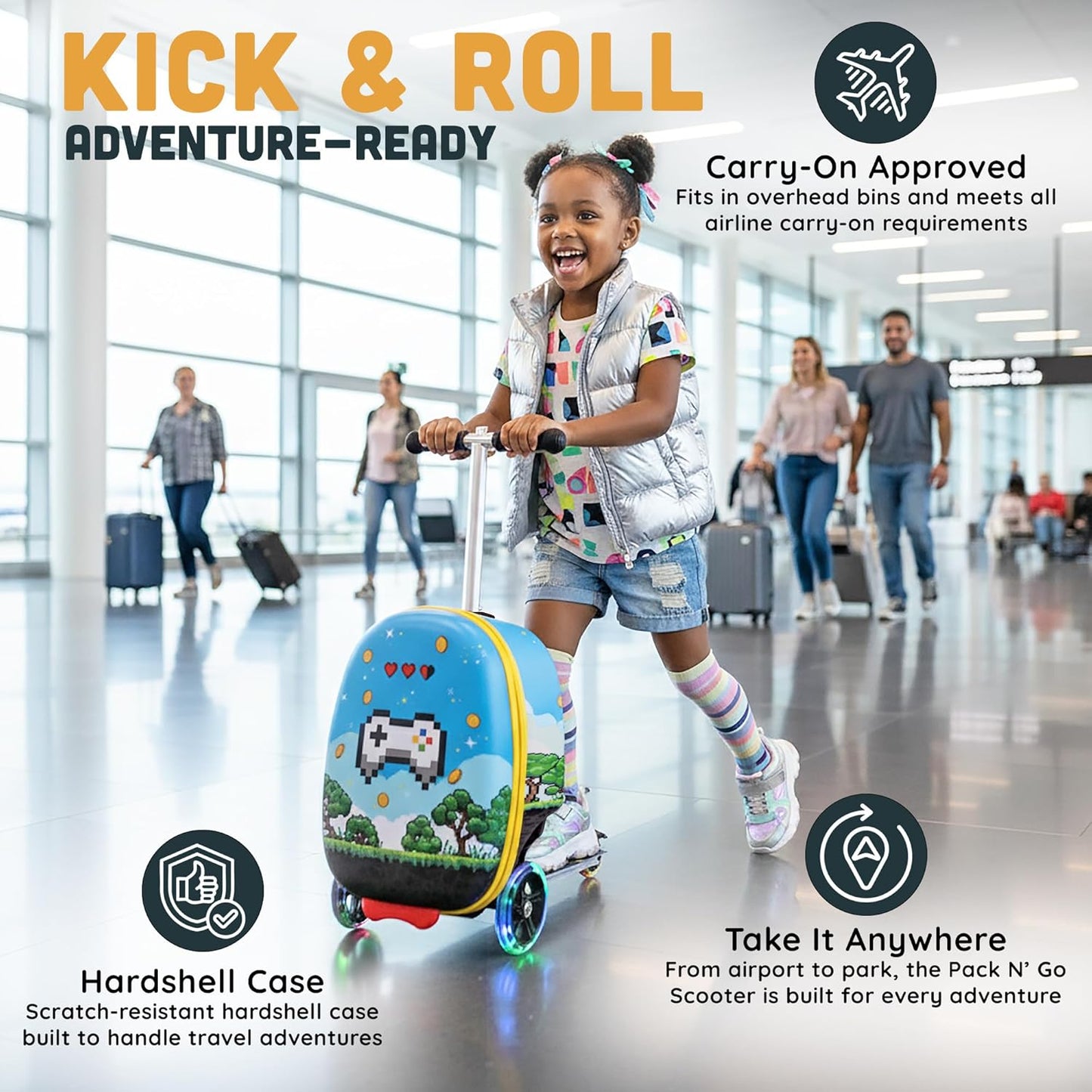Hardshell Kids Ride-On Luggage with Scooter Suitcase – Carry-On Compliant with LED Light-Up Wheels – Fun and Functional Travel Companion for Children Ages 5–12