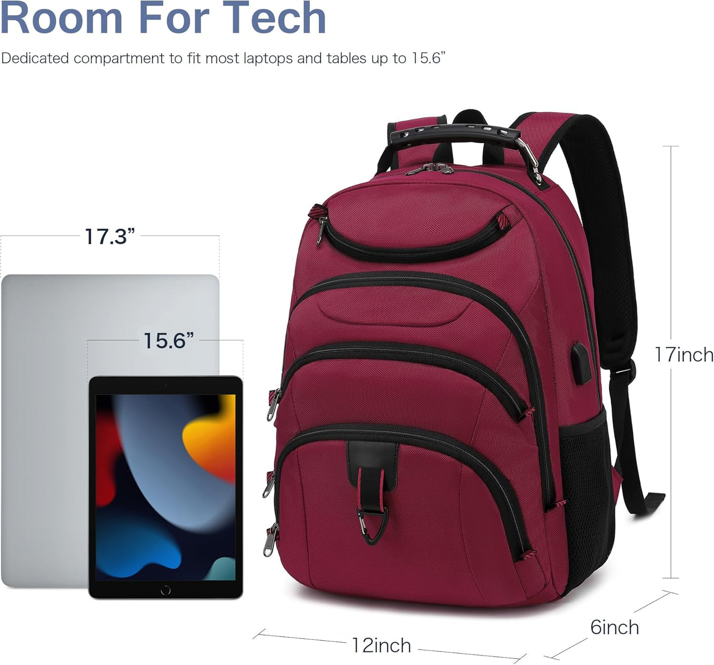 Boavan Laptop Backpack for men, 15.6 inch Laptop Bag with USB Port, Waterproof Travel Work Backpack Purse, Anti-Theft Teacher Nurse Doctor Casual Bookbags Office Business backpack，Russet Red