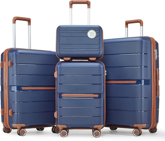 Campfun Luggage Sets 4 Piece, Expandable Carry On Luggage Set Hardshell PP, Suitcase Set with Double Spinner Wheels, Checked Durable Lightweight with TSA Lock, 14/20/24/28in, Blue Brown(A)