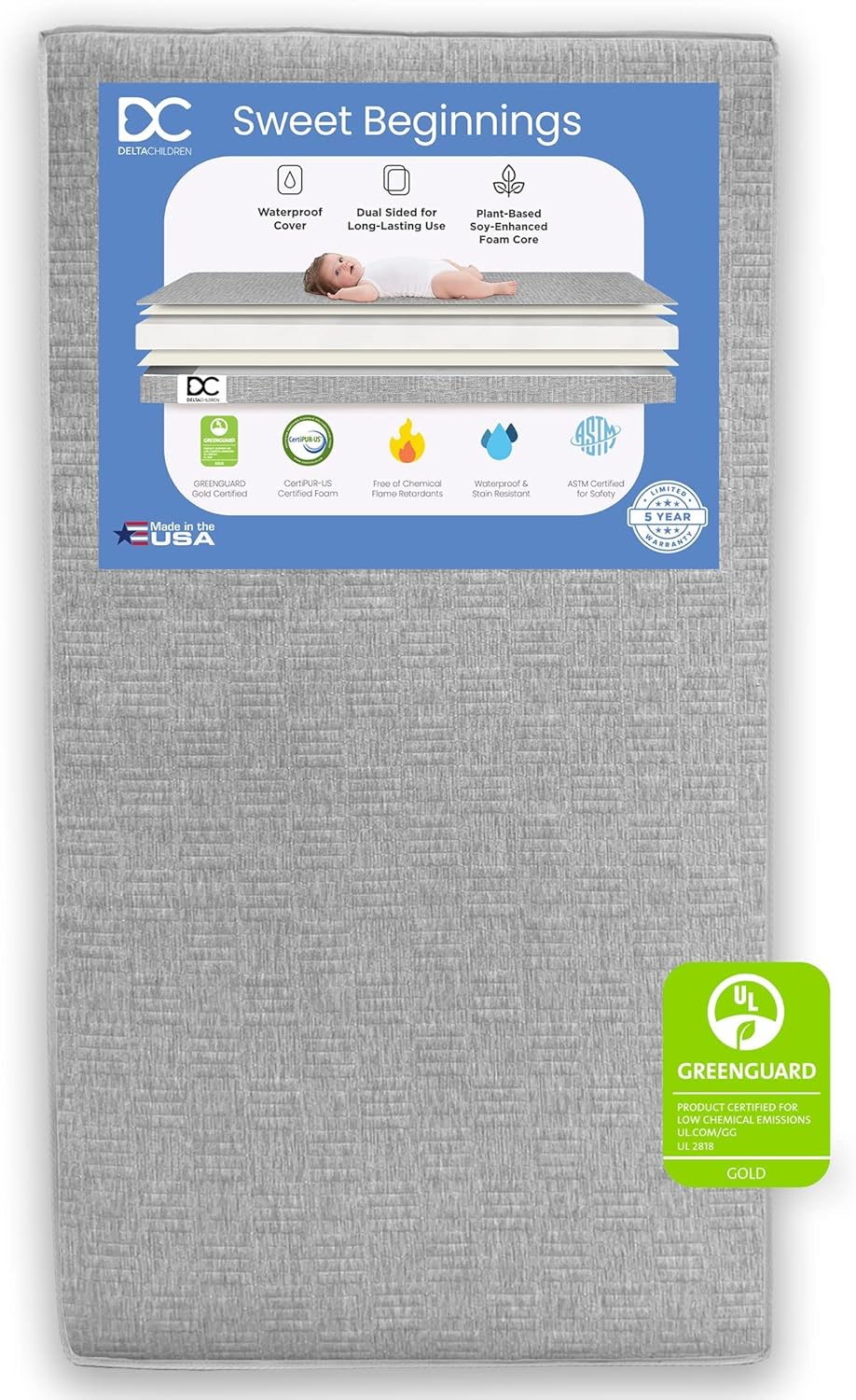 Delta Children Poppy 6-Piece Baby Nursery Furniture SetIncludes: Convertible Crib, Dresser, Changing Top, Mattress, Sheets, & Changing Pad, Midnight Grey w/Natural