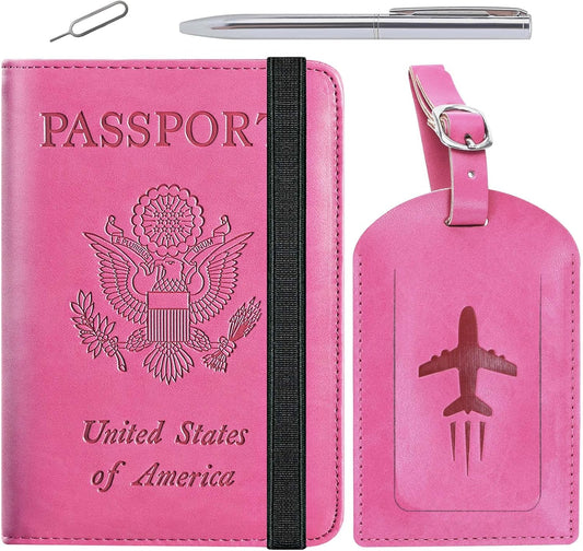 Passport Holder With Luggage Tag Travel Essentials Passport Cover Wallet RFID Blocking Leather Case International Must Haves Travel Accessories Women Men(115#Pink)