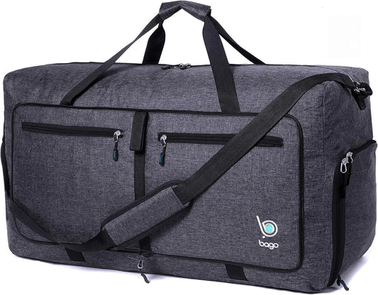 Bago Foldable Duffel Bags for Traveling Women & Men - 60L Medium Packable Duffle Bag for Travel with Shoe Compartment - Water Repellant, Heavy Duty, Lightweight Folding & Collapsible (SnowBlack)