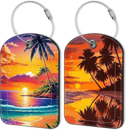 Sunset Beach and Palm Tree Leather Luggage Tag for Suitcase 2 Pack Luggage Tag with Privacy Name ID Label and Stainless Steel Loop for Travel Bag Suitcase
