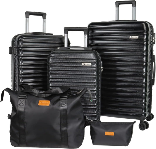 Luggage Sets 3 Piece(20/24/28)-Suitcase Set- Luggage with Wheels-PC + ABS Durable Lightweight Rotating hardshell suitcase 5PCS (Black)…