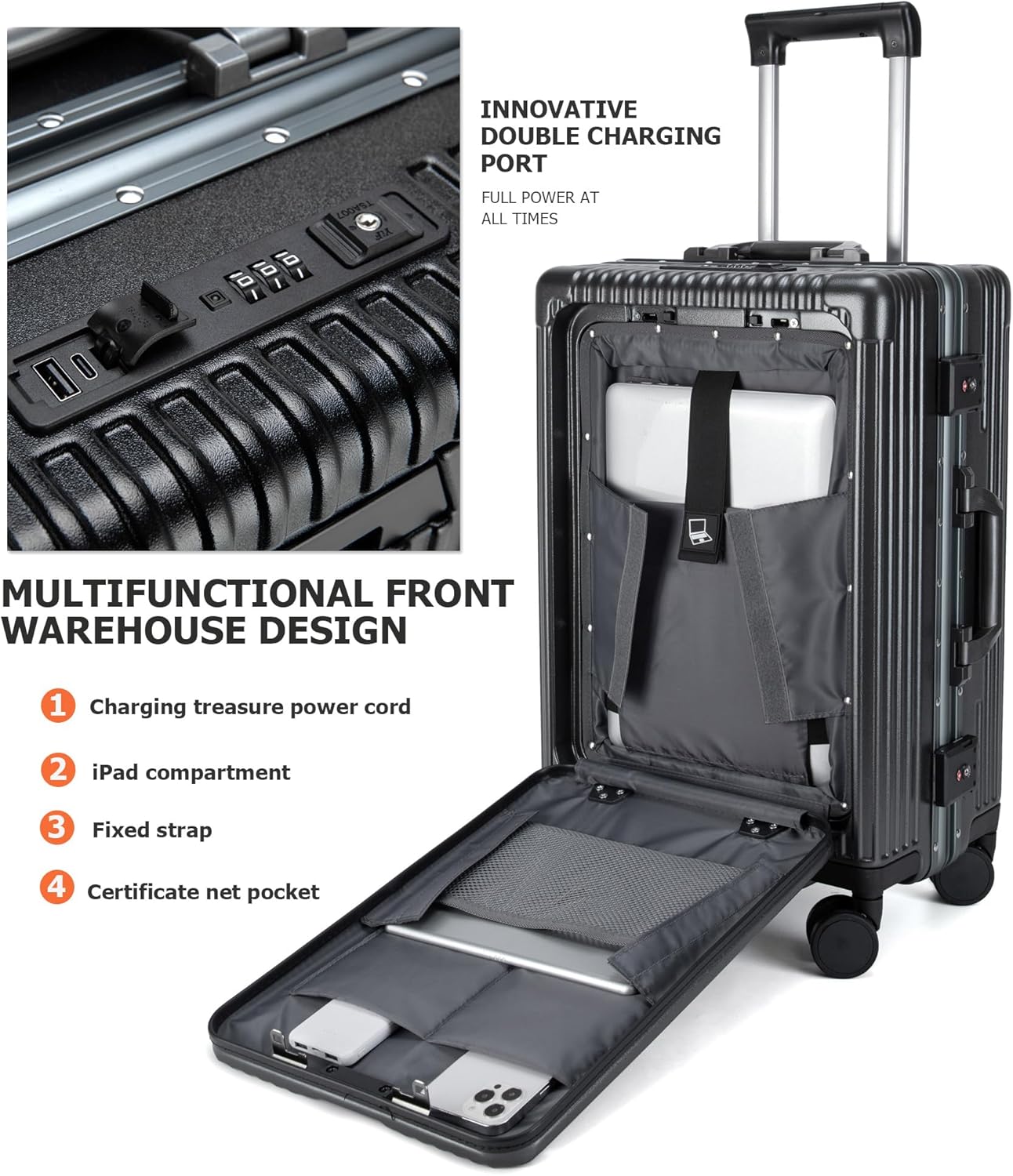 feilario 20in Aluminium Frame PC Hard Shell Spinner Wheels Luggage, Built-In TSA lock Carry on Suitcase, with Cup Holder, USB Port, Phone Holder