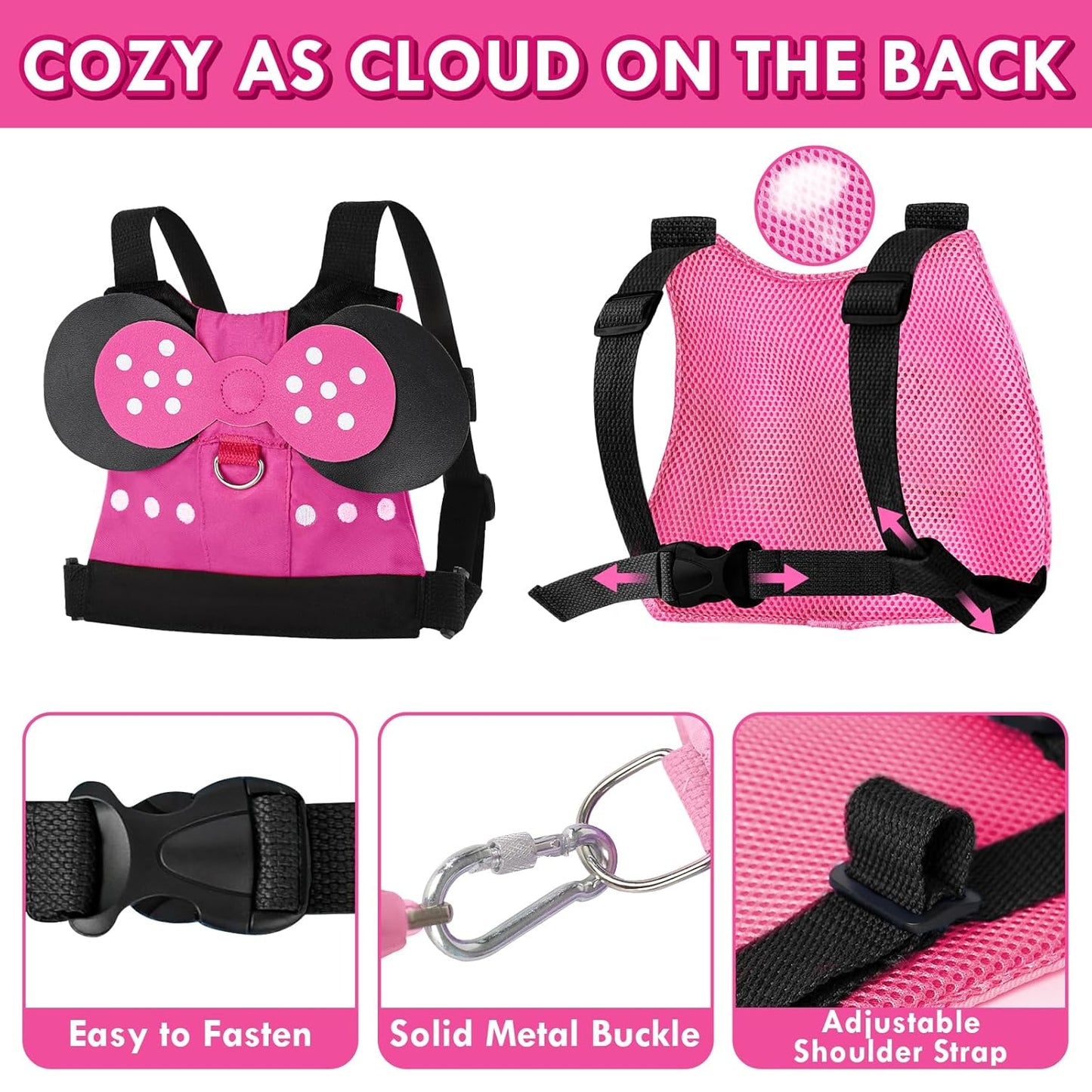 Lehoo Castle Toddler Leash for 1-5 Years, Baby Safety Harness for Girls with Anti-Lost Key Lock & Adjustable Strap, 3-in-1 Wrist Leash and Kids Backpack Harness for Walking Travel (Pink Minnie Mouse)