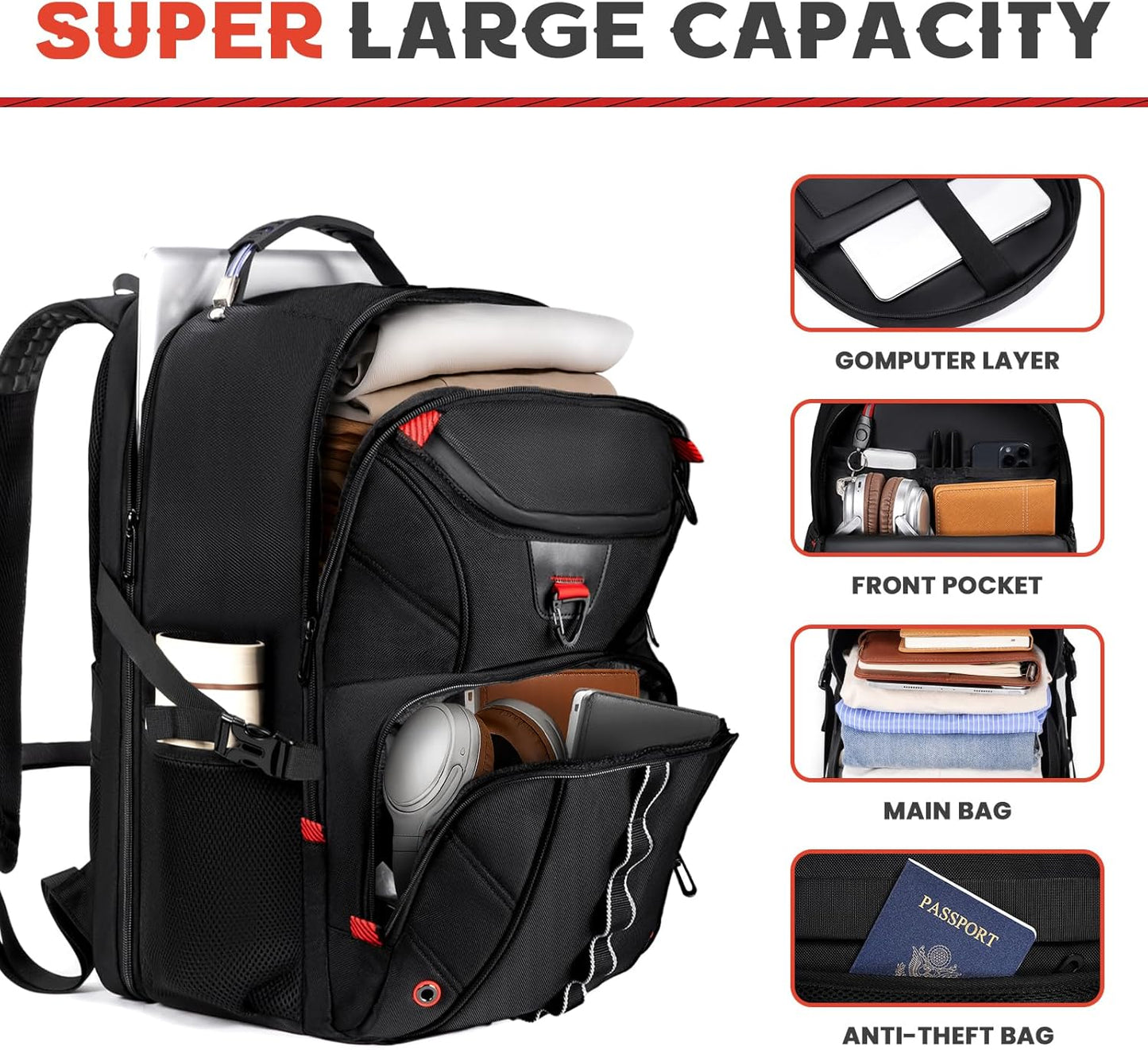 Extra Large Travel Laptop Backpack,18.4 inch XXXL Gaming Backpack, TSA Friendly College Daypack Big Capacity Heavy Duty Business Suitcase Daypack Bag USB Port for Men/Women-Black