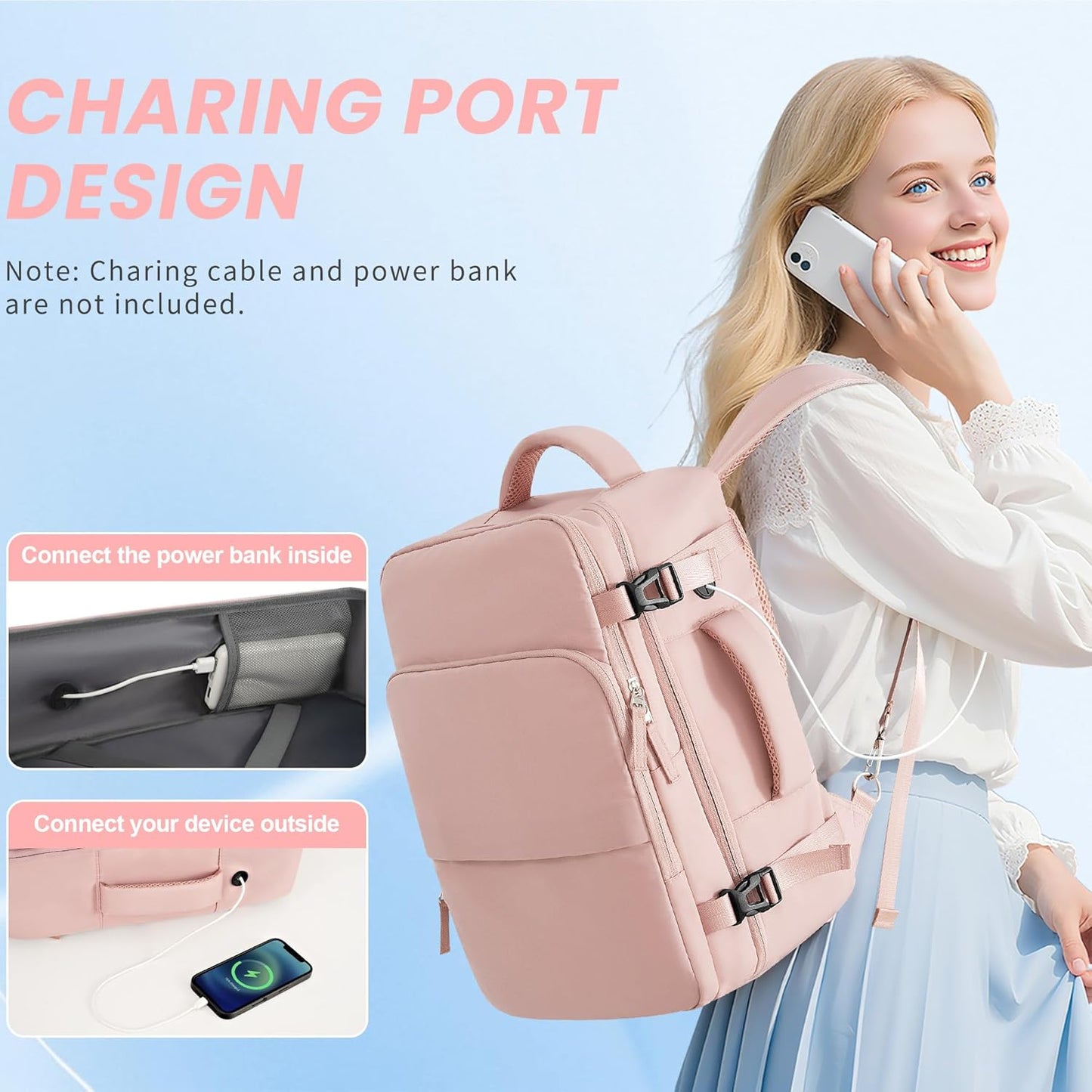 Travel Backpack for Women, Flight Approved Carry On Backpack with USB Charging Hole, Lightweight Travel Bag, Waterproof Causal Bookbag for College, Travel, Work