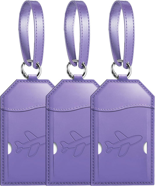 Mayski Luggage Tags for Suitcases 3 Pack Suitcase Bag Tags, TSA Approved, Metal Buckle, Bag Tags with Name ID Card Travel Essentials, Purple Airplane