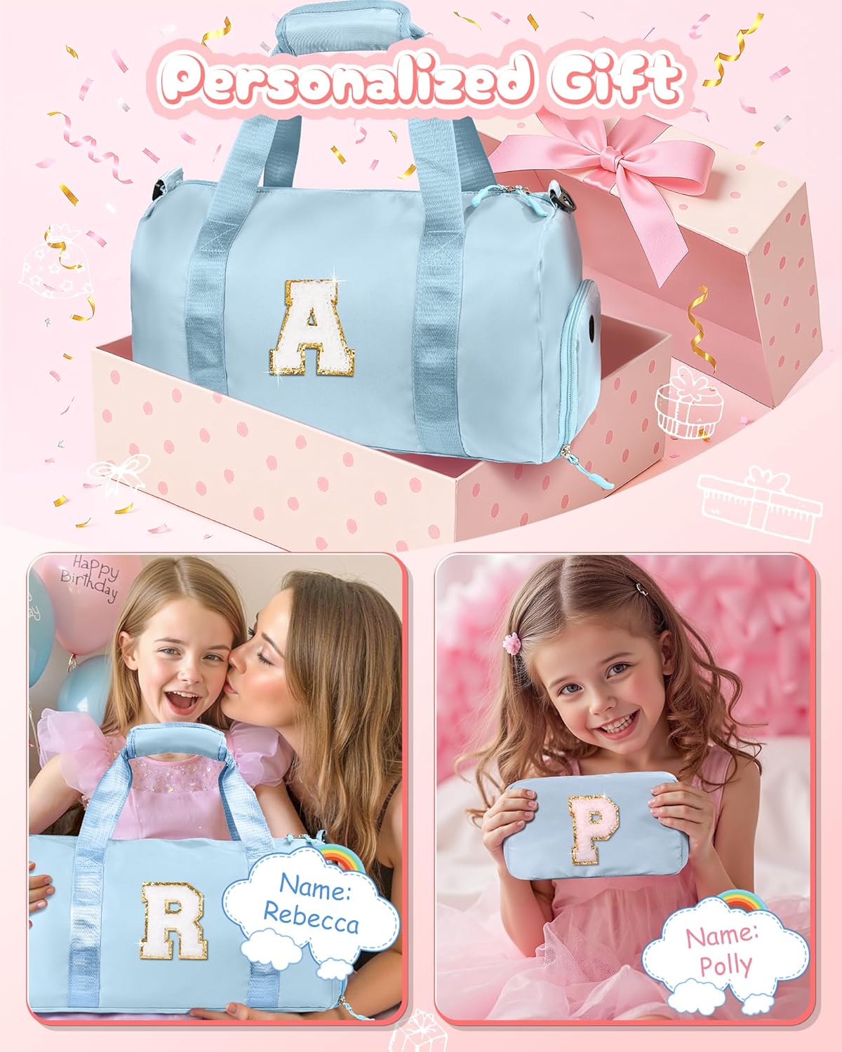 Dorm Room Essentials for Girls-Girl Gym Bag with Shoe Compartment, Kid Personalized Weekender Overnight Bags, Initial Travel Tote with Makeup Pouch, Preppy Stuff Gifts for Kids (Letter F)