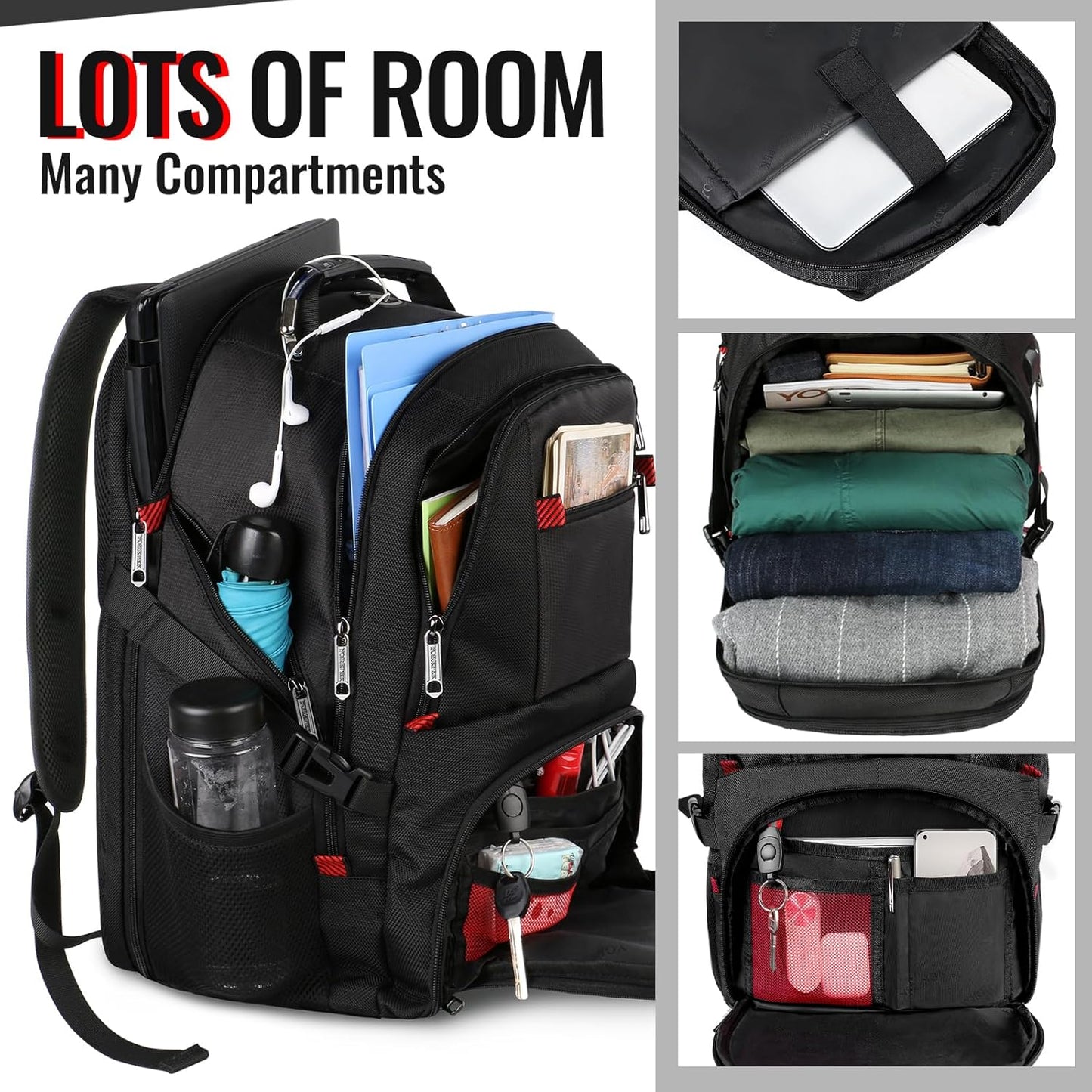 YOREPEK Large Backpack for Men, Extra Large Laptop Backpacks for Men Women, Water Resistant Travel Backpack Airline Approved Business Work Bag with USB Charging Port Fits 17 Inch Computer, Black