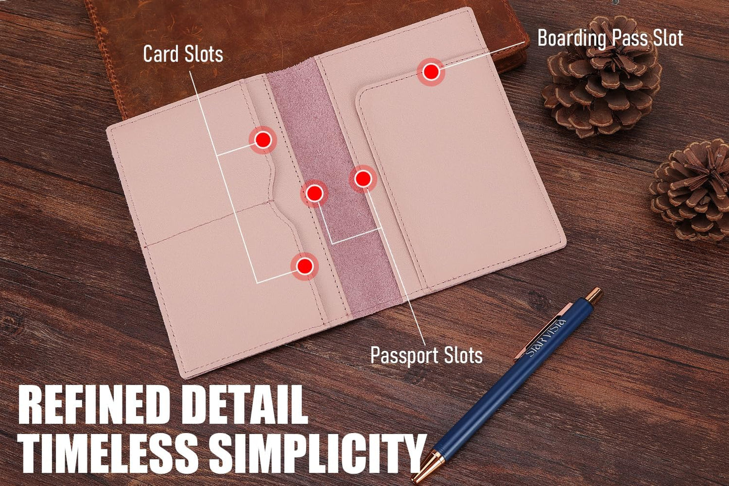 STAR VISTA Albatross Leather Travel Passport Holder, Minimalist Design, Calfskin Leather Case for Women and Men - Slim Passport Wallet, Bifold, RFID Blocking, Pale Pink