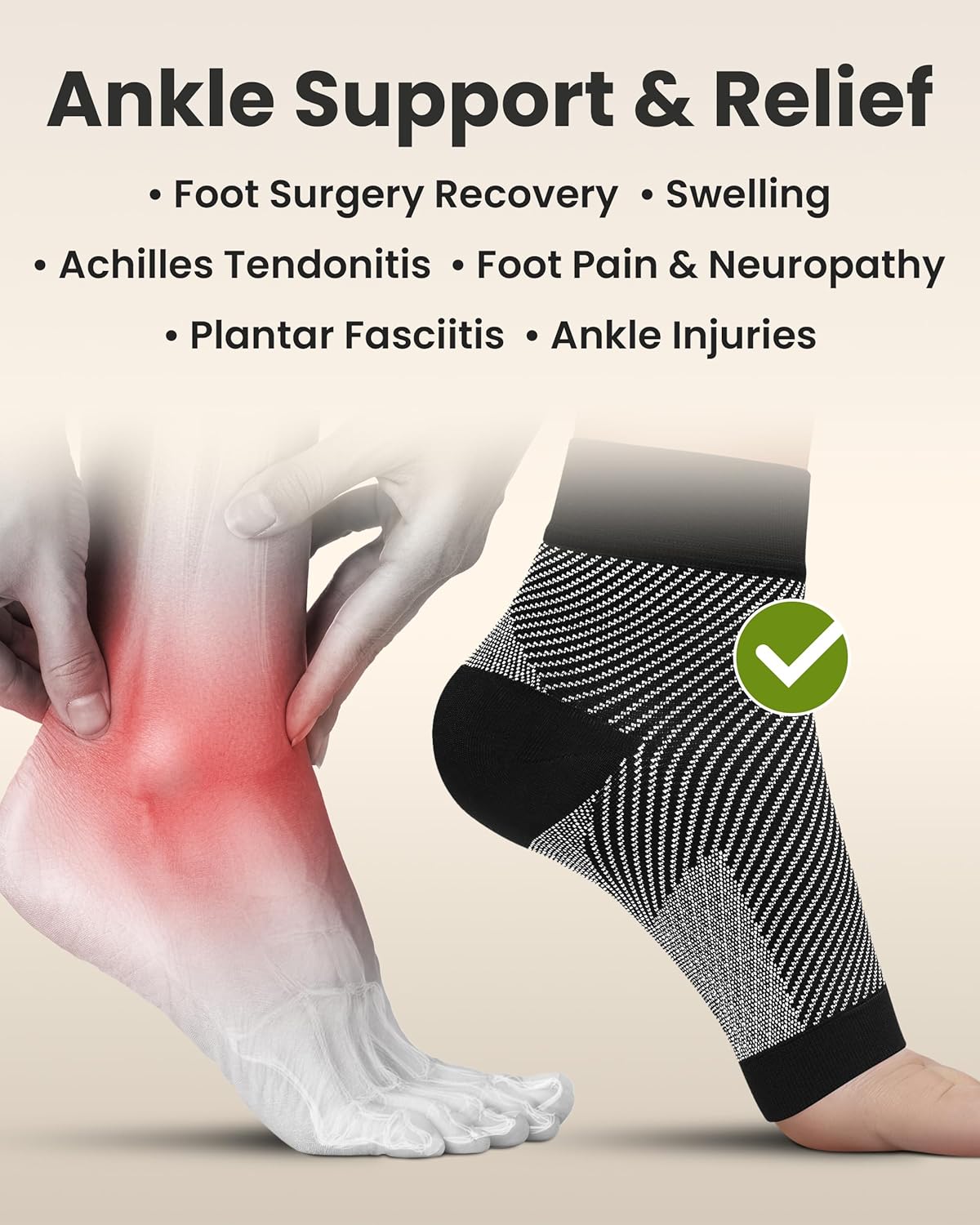 KEMFORD Ankle Compression Sleeve - Plantar Fasciitis Braces - Open Toe Compression Socks for Swelling, Sprain, Neuropathy, Foot Arch Support for Men and Women - 20-30mmhg, L, Black and White