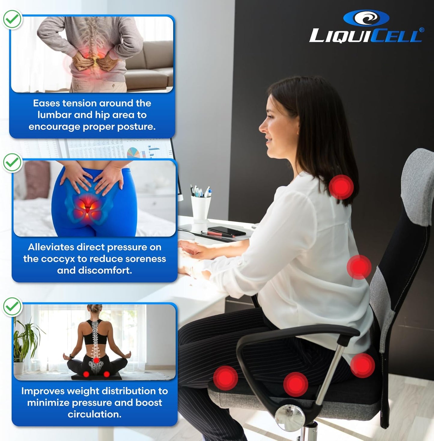 LiquiCell Coccyx Seat Cushion, Aid for Tailbone Pain Relief, Sciatica Pain, Back Support | Donut Like Butt Pillow for Long Hours Sitting at Home/Office Chair (20" W x 18" L x 2.5" H)