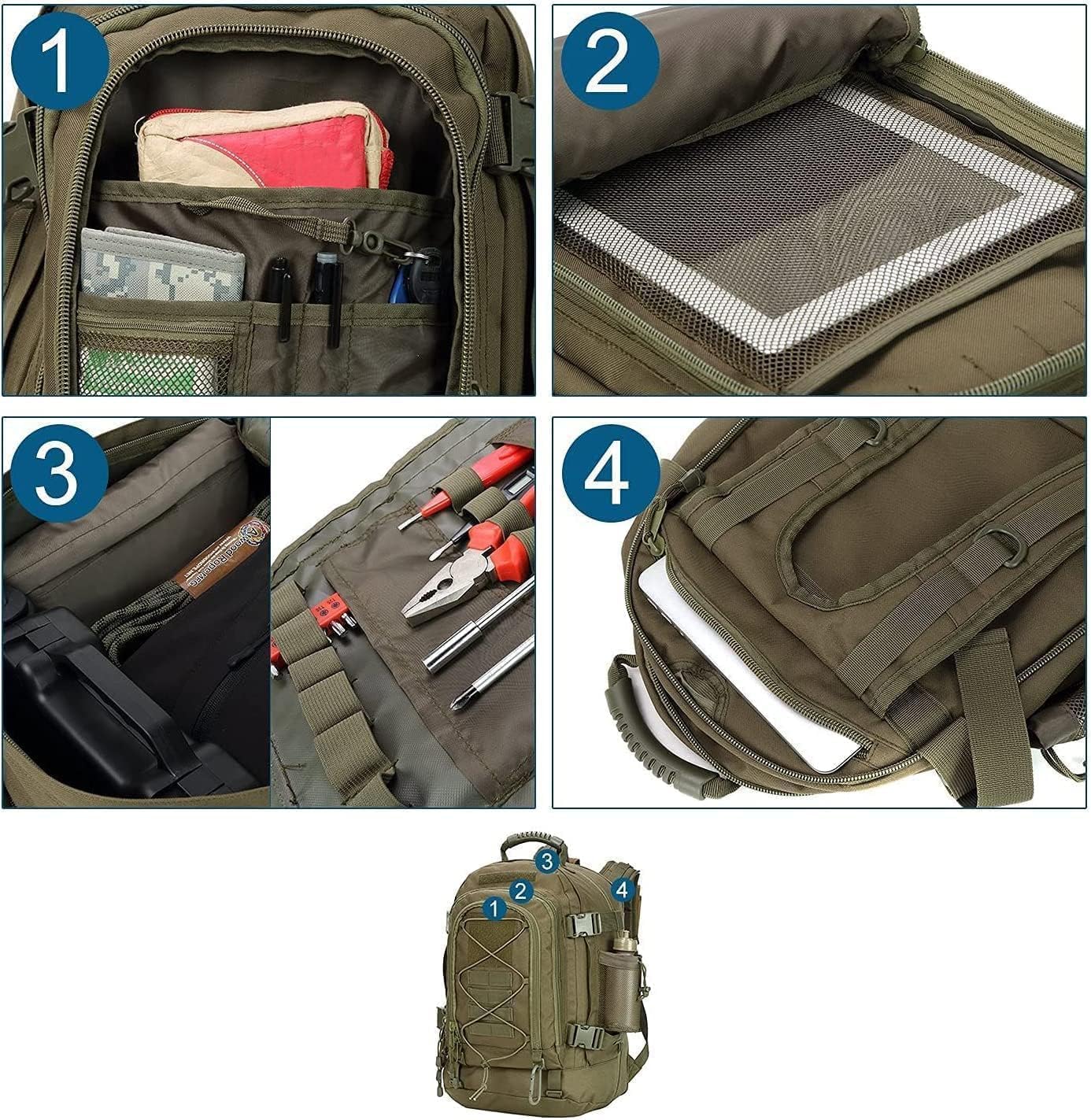 Large Tactical Backpack for Men Military Backpack with DIY System for Travel, Work,Camping,Hunting,Hiking,Sports (GREEN)