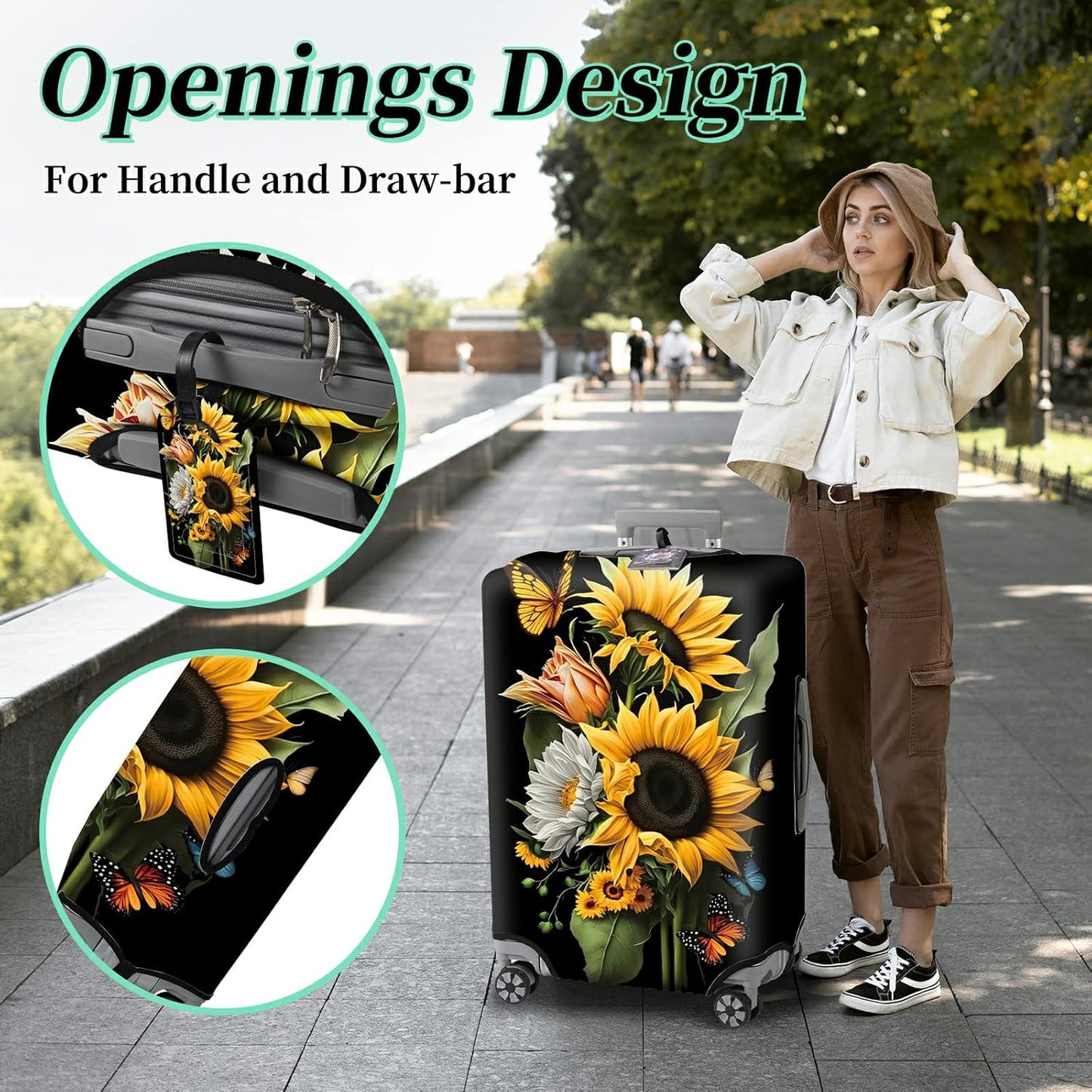 Suitcase Protector Plus 1 Luggage Tag, Sunflower Orchids Travel Cover for 26-28 inch Luggage with Concealed Zipper, Washable Elastic Cloth, Dustproof, Anti-Scratch