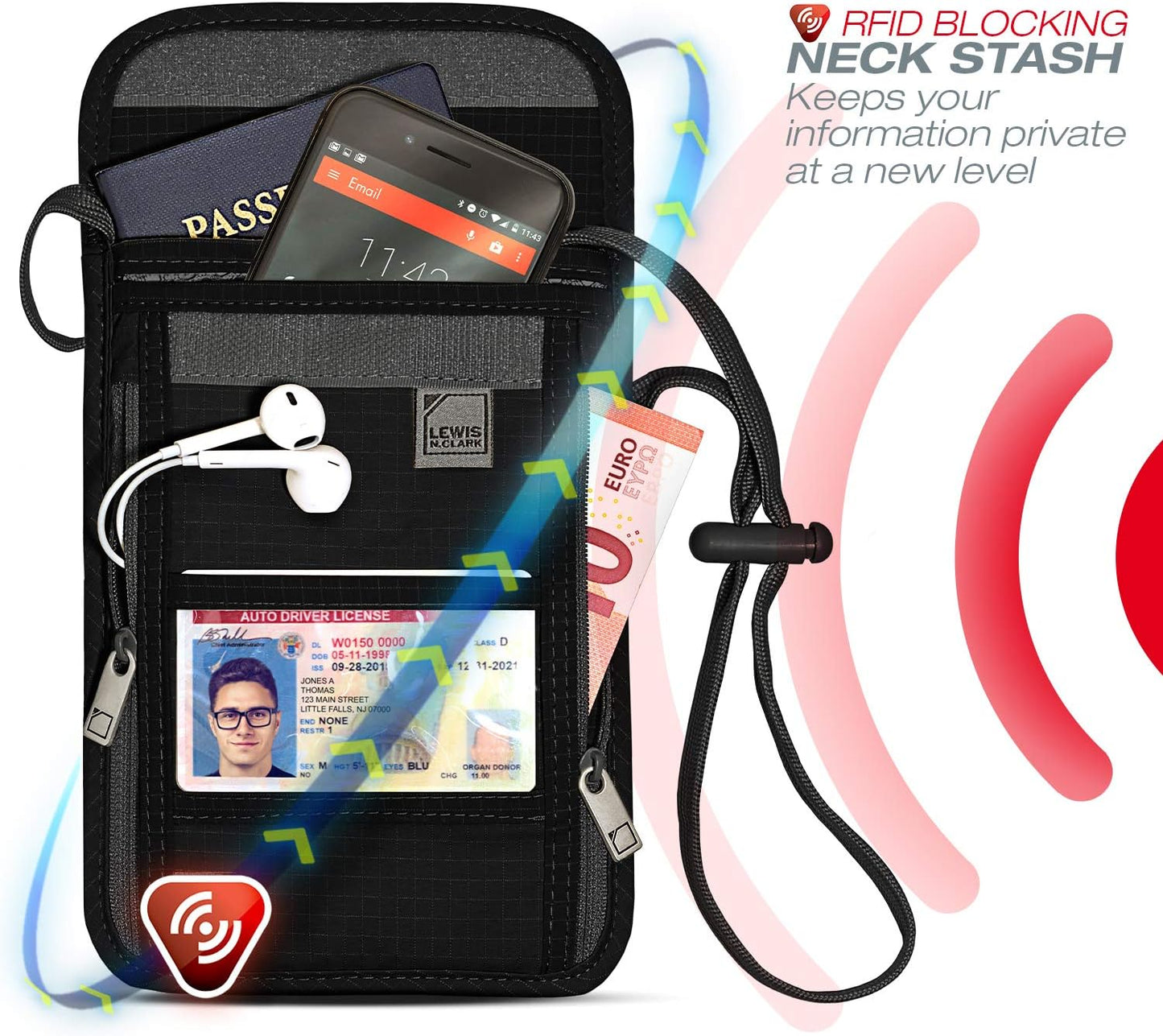 Lewis N. Clark RFID Blocking Stash Neck Wallet, Travel Pouch + Passport Holder for Women & Men, Black, One Size