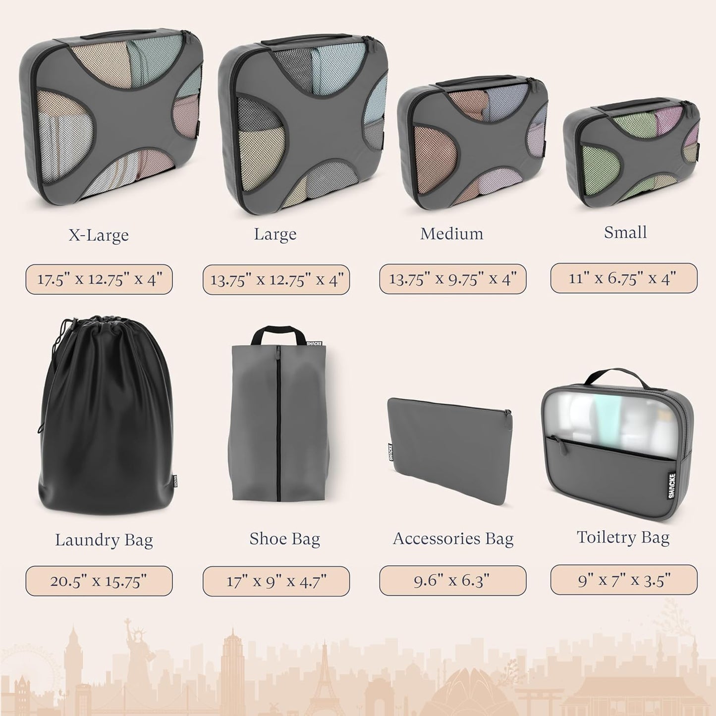 Shacke Premium 8 Packing Cubes Set - Lightweight Mesh Travel Luggage Organizers with Laundry Bag, 8-Piece Suitcase Storage System (Dark Grey)