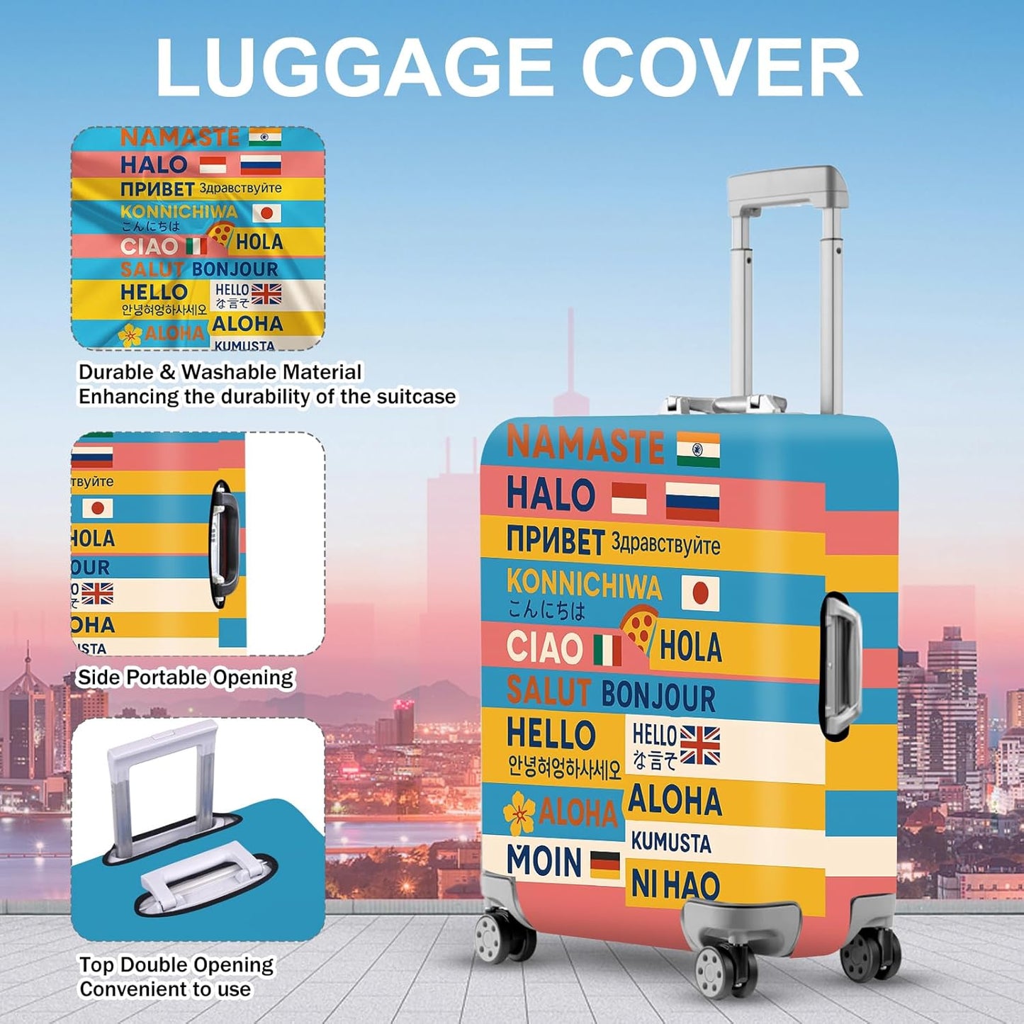 ANNA QUEEN Funny Multilingual Greetings Luggage Cover, Suitcase Protector with Hello in 15+ Languages, Stretchable, Washable Travel Cover for 32-34 Inch Luggage
