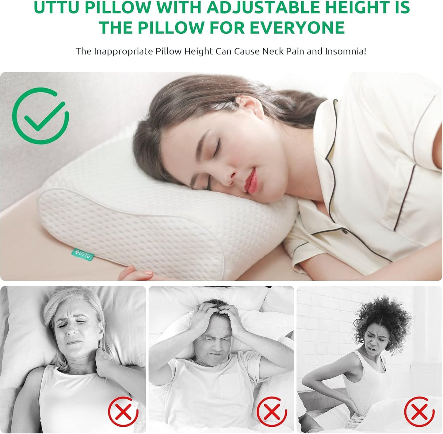 UTTU Cervical Pillow for Neck Strain Relief, Memory Foam Neck Pillow for Sleeping, Adjustable Orthopedic Sandwich Pillow, Contour Cooling for Side Back Stomach Sleeper, Medium(23.6"×14"×5.2"/4.5")