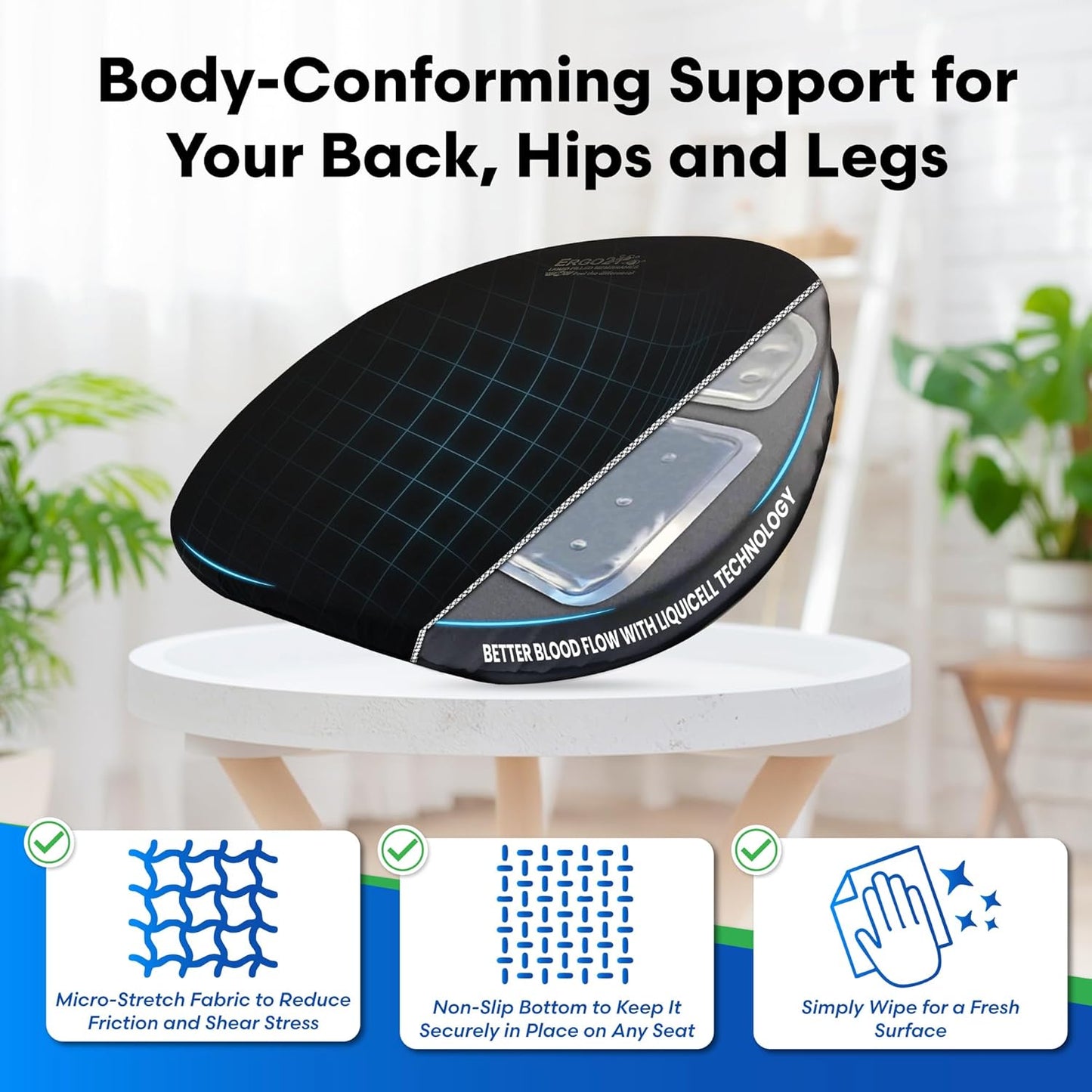 ERGO21 Travel Seat Cushion with LiquiCell Technology – Thin Orthopedic Butt Pillow for Sciatica, Tailbone, Coccyx & Back Pain – Seat Pad for Car Driving, Truck, Wheelchair, Airplane, Office, Home Use