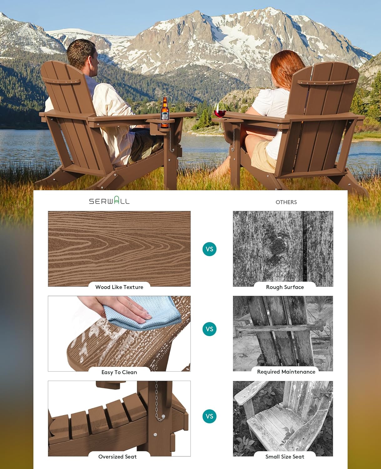 SERWALL Adirondack Chair with Cup Holders - Composite Adirondack Chairs Set of 8 HDPE Outdoor Chairs All Weather Use- Brown