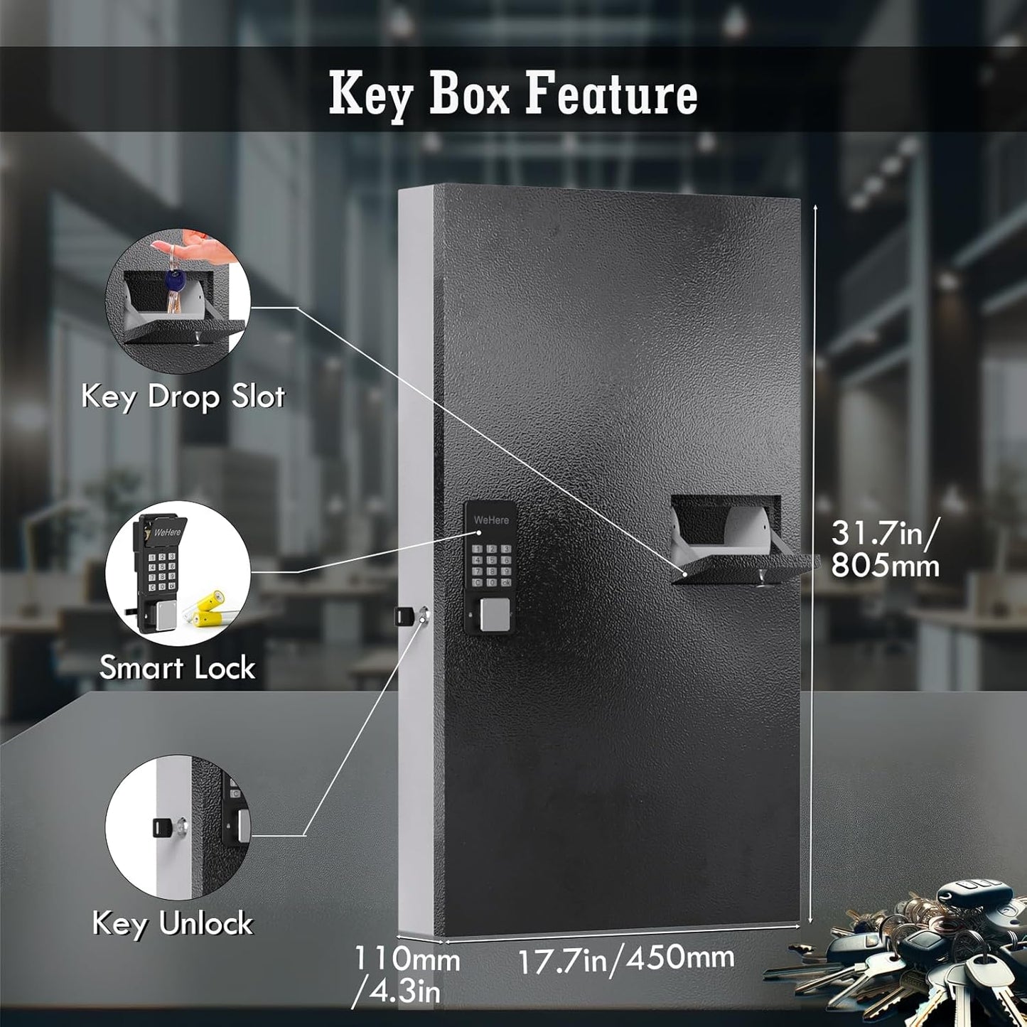 WeHere 104 Keys Lock Box Wall Mount with Key Drop Slot, APP Bluetooth/OTP/Wi-Fi/Fixed Code/Key Unlock, Smart Large Key Cabinet Key Return Box for Hotel,Car Dealerships,Realtors,Office