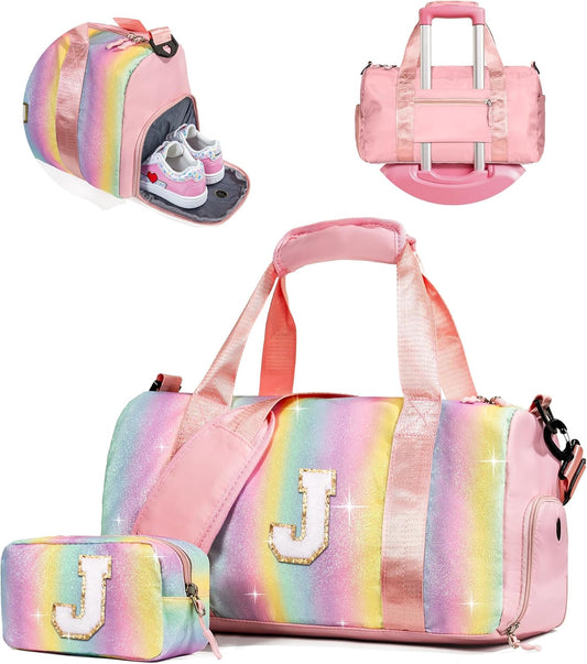Gifts for Niece-Girl Gym Bag with Shoe Compartment, Kid Personalized Weekender Overnight Bags, Initial Travel Tote with Makeup Pouch, Birthday Gift for Sister Granddaughter (Letter J)