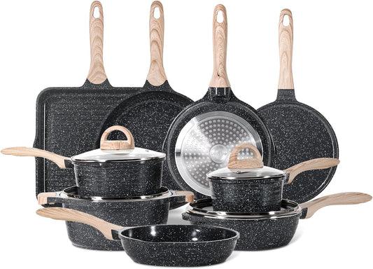 JEETEE 24Pcs Ceramic Cookware Set, Gray Pots and Pans Set Non Stick, Kitchen Healthy Non Toxic Induction Cookware Sets W/Saucepans, Sauté Pan, Griddle, Crepe Pan & Pancake Rake (PFAS,PFOA Free)