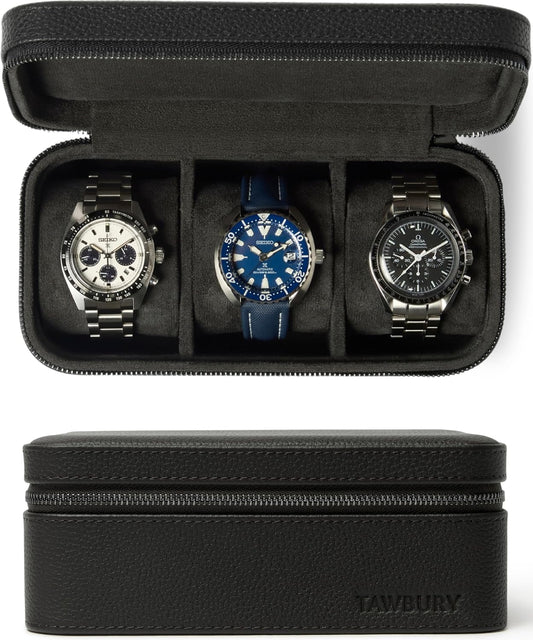 TAWBURY 3 Watch Case for Men – Luxury Leather Watch Travel Case for Men | Black Watch Cases for Men Travel | Traveling Watch Holder for Men | Black Watch Roll Case | 3 Watch Box for Men Travel