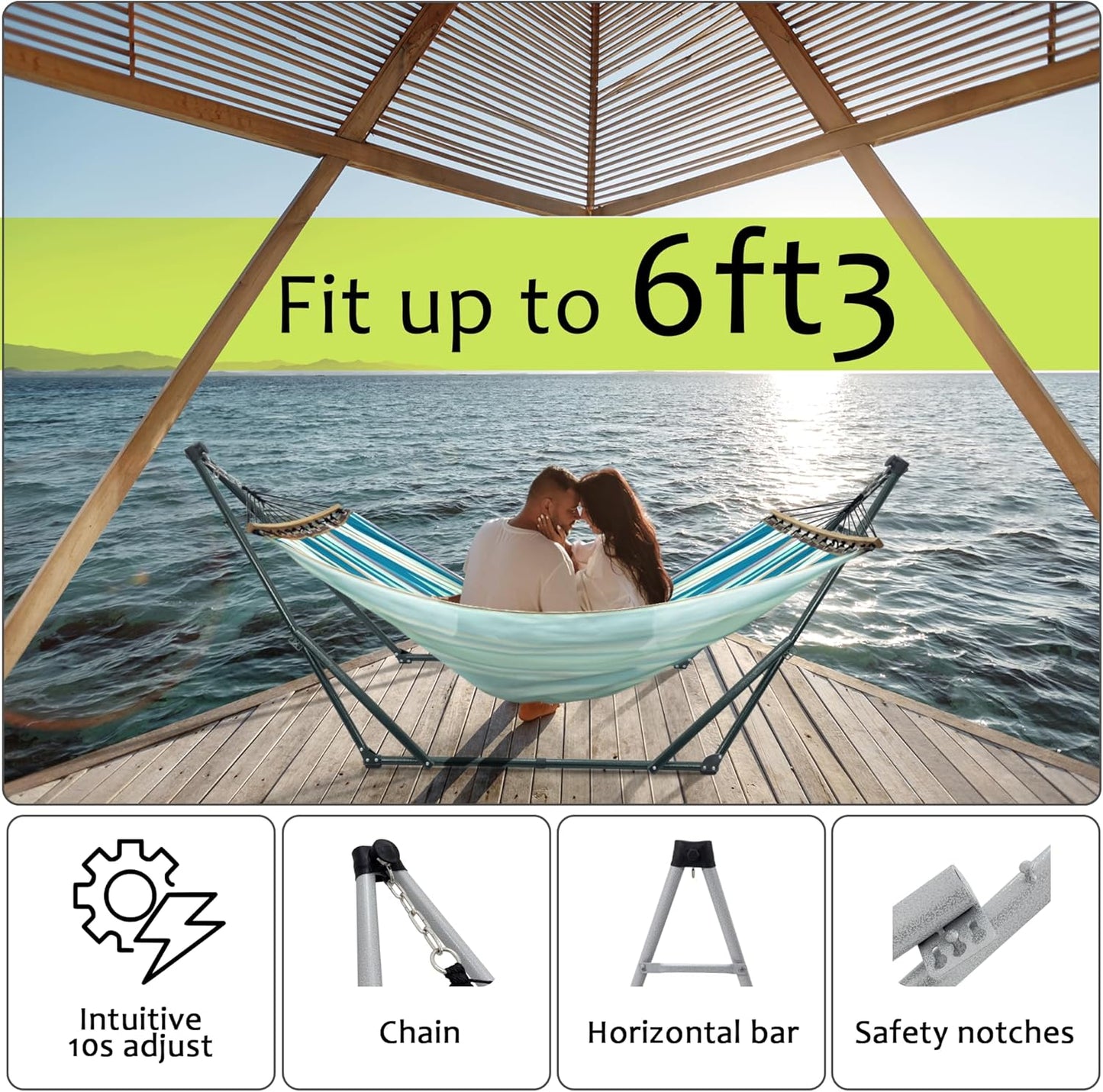 Tranquillo Sturdy Steel Hammock with Stand Premium Cotton Canvas Hammock, 600 lbs Capacity Hammock Stand Folding, Portable 30-Second Fold Unfold for Camping, (Canvas - Blue Leaf)