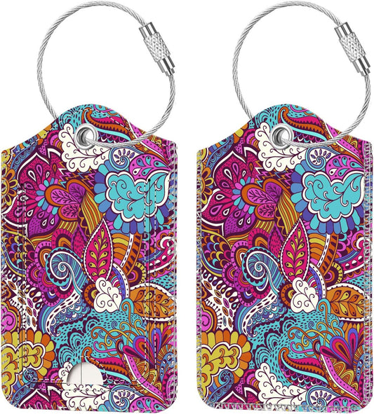 Fintie Luggage Tags, Privacy Cover ID Label with Stainless Steel Loop and Address Card for Travel Bag Suitcase, Peacock Flower (2 Piece)