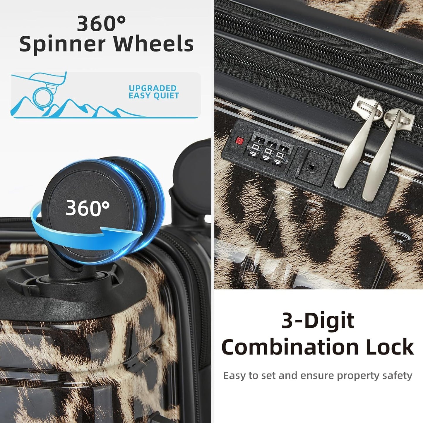 LARVENDER Luggage Sets 5 Piece Hardside Expandable Suitcase with Wheels Lock,PC+ABS Hardside Lightweight Rolling Suitcase for Women and Men,Cheetah