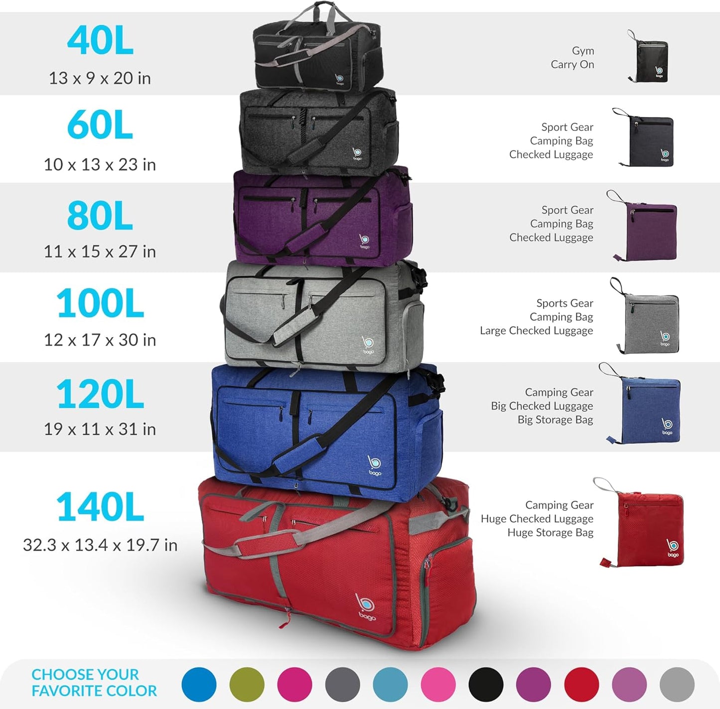 Bago Large Foldable Duffel Bags for Traveling Women & Men - 100L Packable Duffle Bag for Travel with Shoe Compartment - Water Repellant, Heavy Duty, Lightweight Folding & Collapsible (Red)