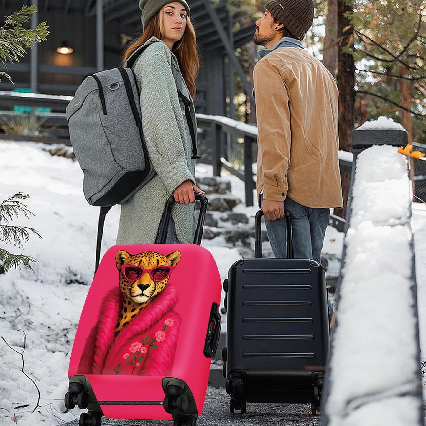 ANNA QUEEN Fashionable Leopard Luggage Cover, Leopard in Pink Coat and Sunglasses, Stretchable, Washable Travel Sleeve for 24-26 Inch Luggage