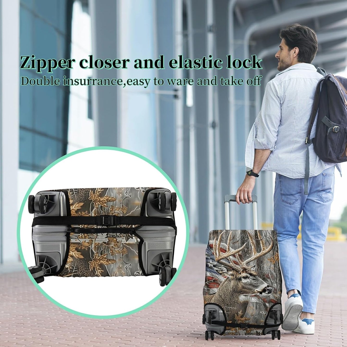 Luggage Cover + Tag, Camo Deer Flag Travel Suitcase Protector for 24 inch Luggage (M) with Concealed Zipper, Washable Elastic Cloth, Dustproof, Anti-Scratch