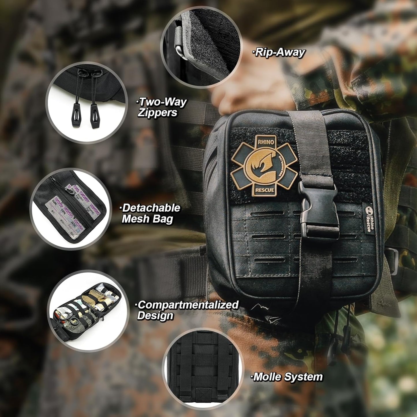 RHINO RESCUE IFAK Trauma Kit with C-A-T Tourniquet, Tactical First Aid Kit Molle Pouch for Military, Combat, Car, Camping, Hiking, Travel (Coyote Brown)