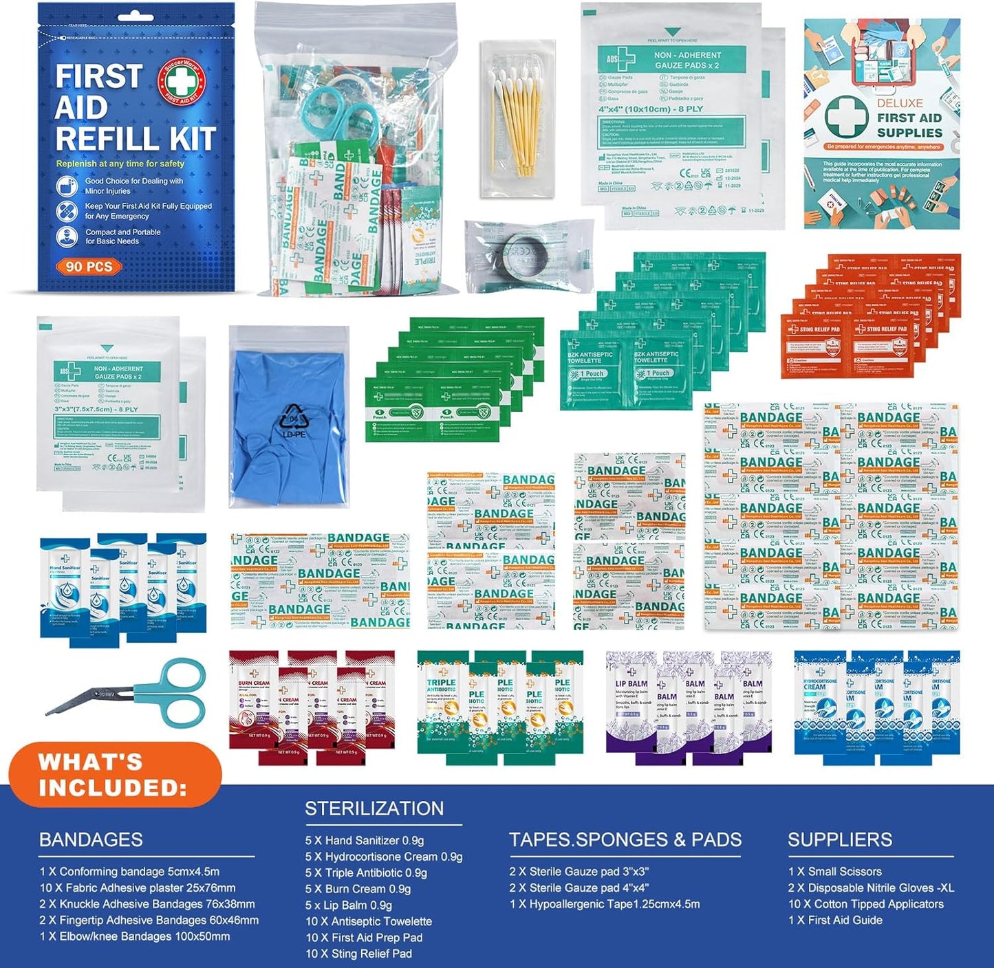 90 Pieces First Aid Refill Kit - Wound Care Kit Includes Bandages for Home, Travel, Hiking - Portable Replacement Kit for First Aid Medical Supplies（2 Set）