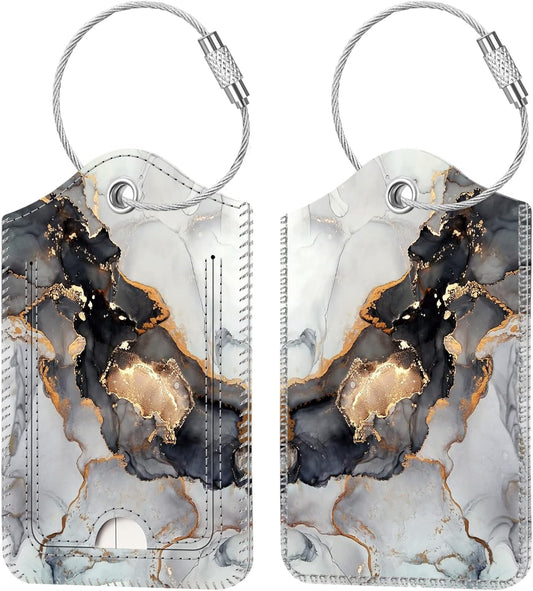 Fintie Luggage Tags, Privacy Cover ID Label with Stainless Steel Loop and Address Card for Travel Bag Suitcase - Cloudy Marble (2 Piece)