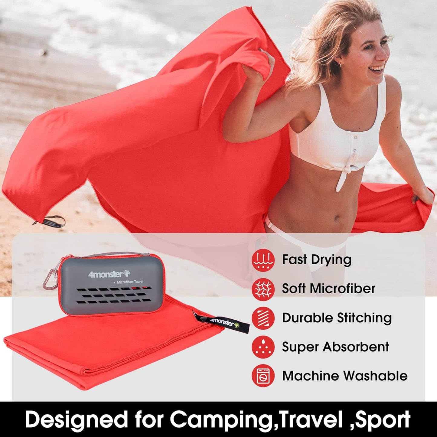 4Monster Camping Towels Super Absorbent, Fast Drying Microfiber Travel Towel, Quick Dry Ultra Soft Compact Gym Towel for Swimming Beach Hiking Yoga Travel Sports Backpack (40.00" x 20.00", Red)