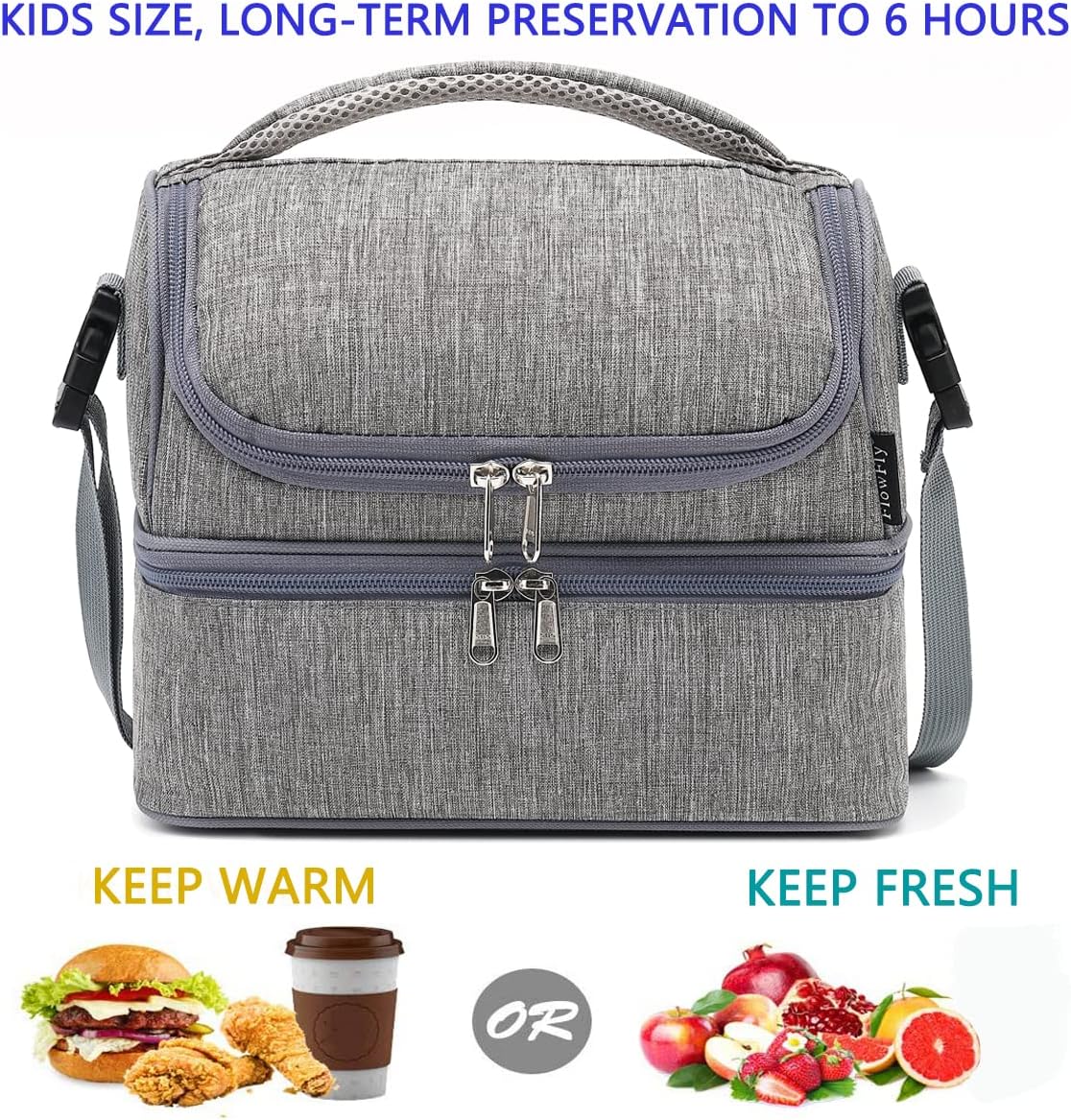 FlowFly Double Decker Cooler Insulated Lunch Bag Large Tote for Boys, Girls, Men, Women, With Adjustable Strap (Grey)