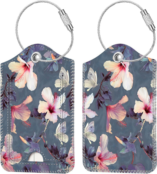 Fintie Luggage Tags, Privacy Cover ID Label with Stainless Steel Loop and Address Card for Travel Bag Suitcase - Blooming Hibiscus (2 Piece)